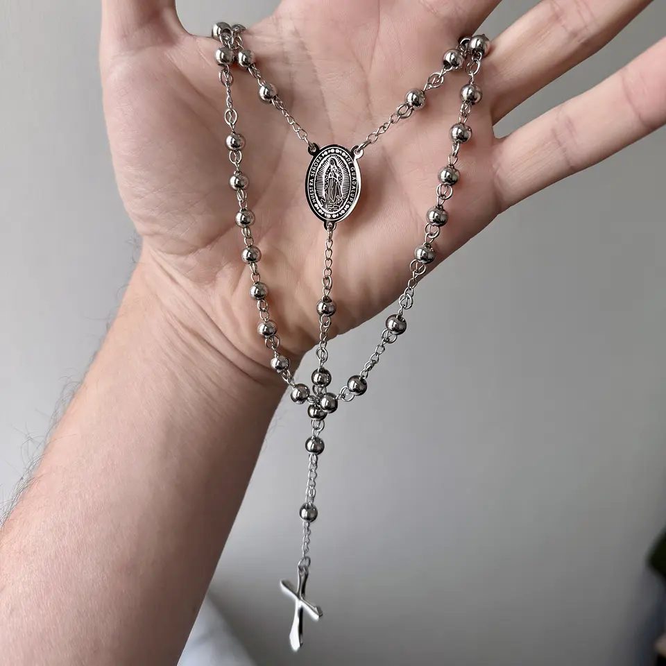 Collar Rosario Virgen Maria Con Cruz Acero Inoxidable 5