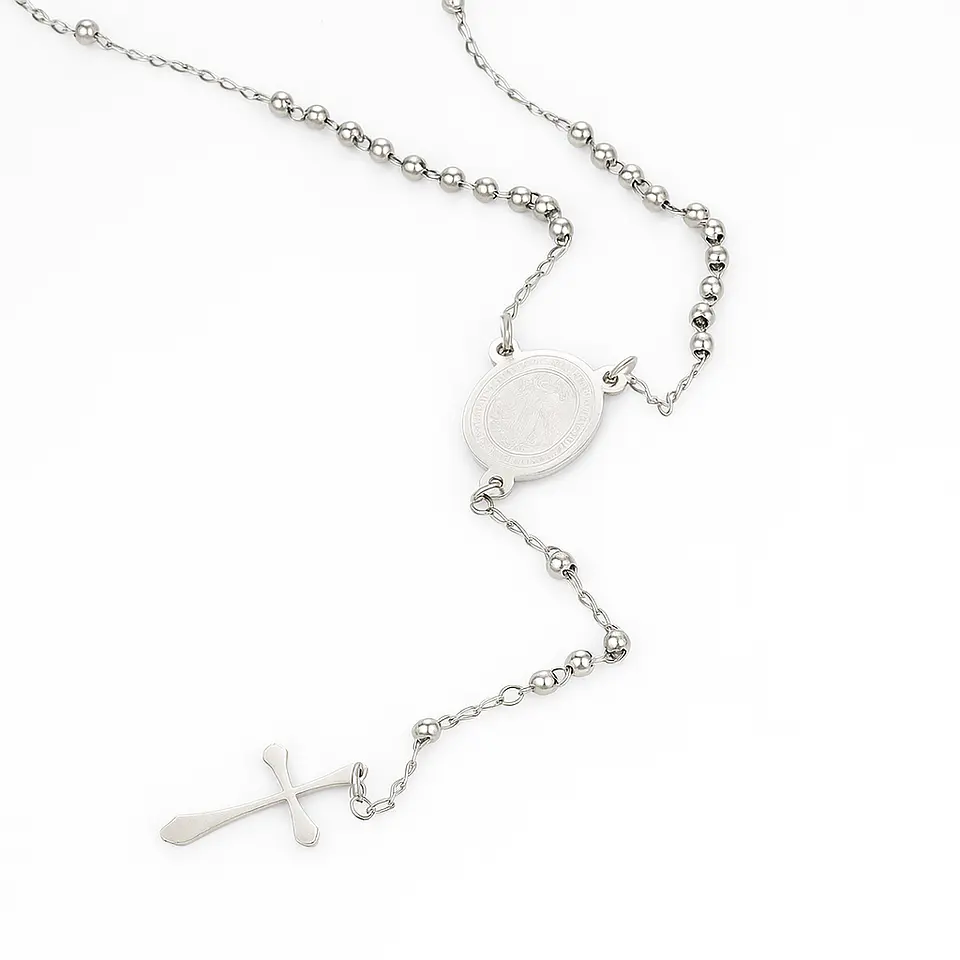 Collar Rosario Virgen Maria Con Cruz Acero Inoxidable 1
