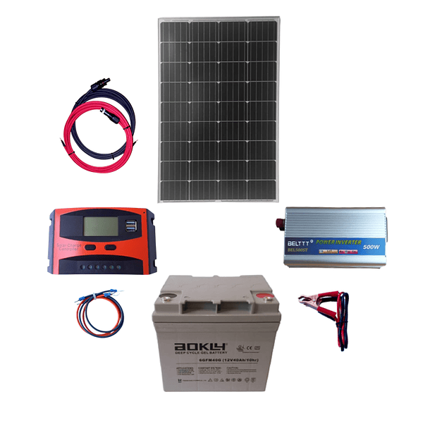 Kit Solar Inversor 500W, Panel 100w, Batería 40Ah, Control 20a