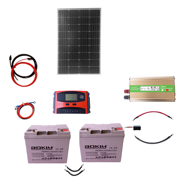 Kit Solar Inversor 1000W, Controlador 20A,  Panel Solar100W, Baterías 2x26 Ah