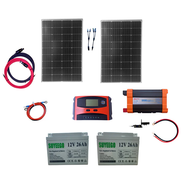 Kit Solar Inversor 1000w Onda Pura Bater 2x26ah Panel 2x100w 3