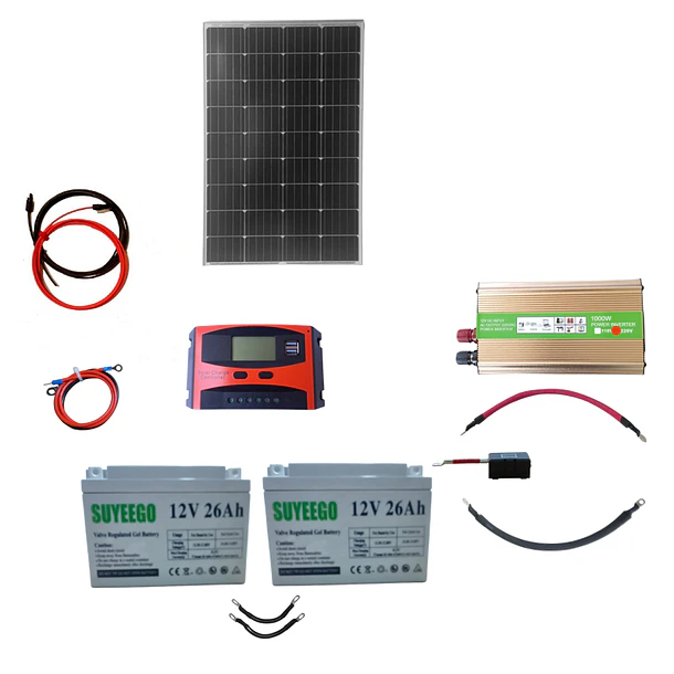 Kit Solar Inversor 1000W, Controlador 20A,  Panel Solar100W, Baterías 2x26 Ah