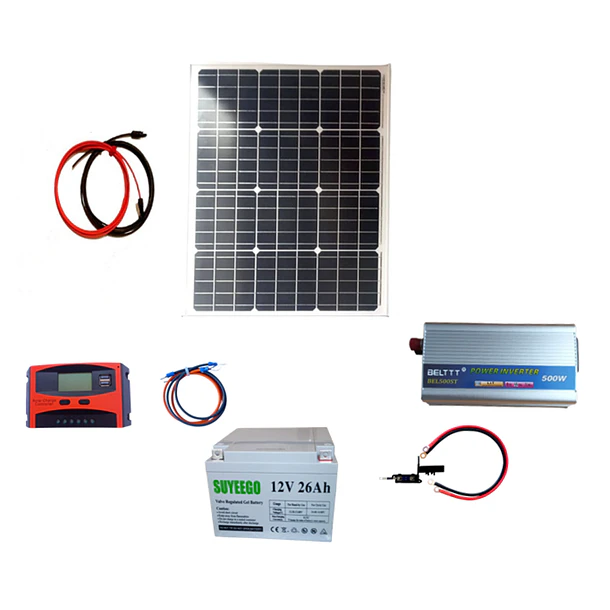 Kit Solar Inversor 500W, Controlador 20A, Batería 26 AH, Panel 50W