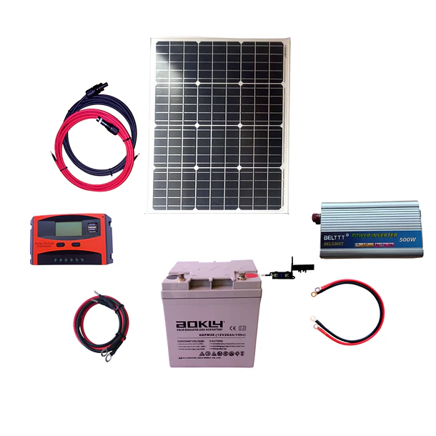 Kit Solar Inversor 500W, Controlador 20A, Batería 26 AH, Panel 50W 4