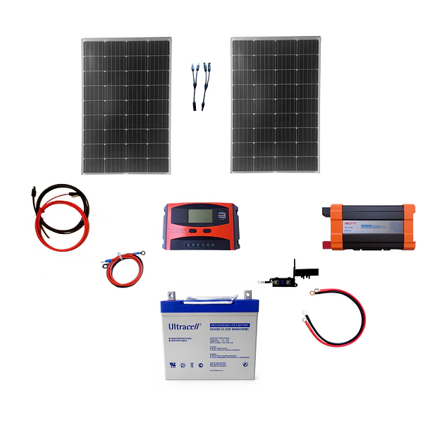 Kit Solar  Inversor 1000W Onda Pura, Paneles 2x100W Monocristalinos, Batería 55Ah Gel, Control 30A