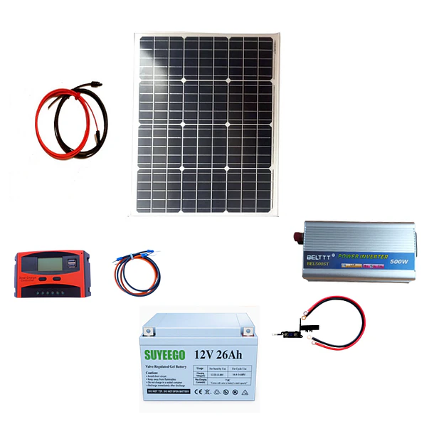 Kit Solar Inversor 500W, Controlador 20A, Batería 26 AH, Panel 50W