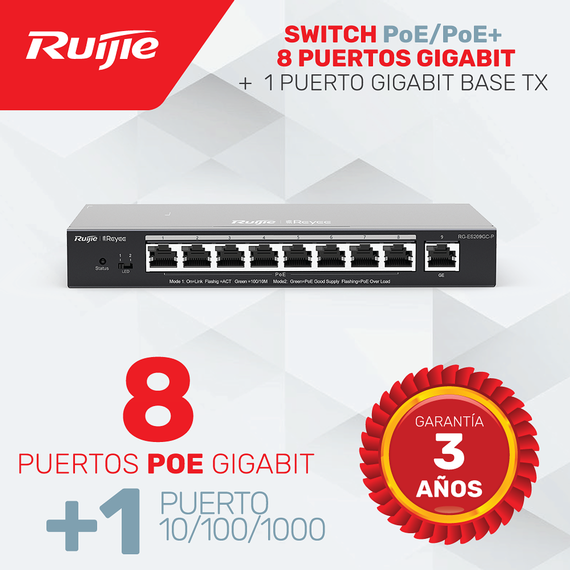 Switch de 8 puertos (PoE/PoE+) 10/100/1000 + 1 puerto 10/100/1000 Base T 1