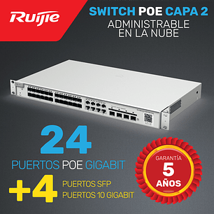 Switch POE de Enlace ascendente Capa 2 con Puertos 10G · 24 Puertos Gigabit + 4 Puertos 10G + 4 puertos SFP | Administrable en la nube