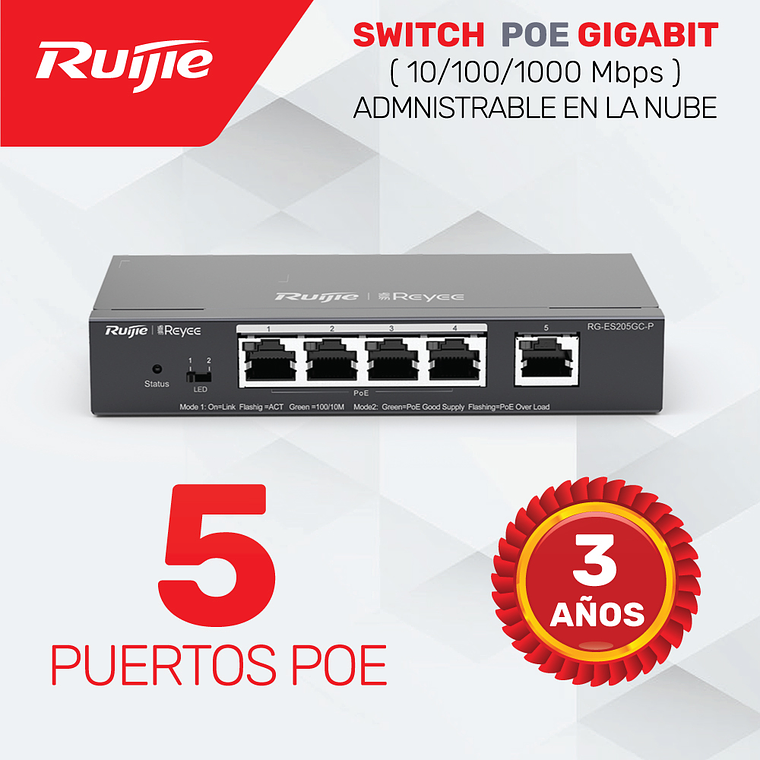 Switch de 4 puertos (PoE/PoE+) 10/100/1000 + 1 puerto 10/100/1000 Base T 1