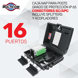 Caja NAP para poste, IP65 de 16 puertos con conectores SC/APC ·Incluye splitter, acopladores y herraje de Montaje