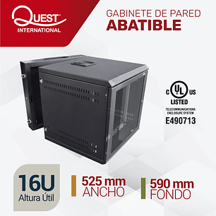 Gabinete Rack de Pared Abatible de 16U con Puerta en vidrio • Color: Negro 