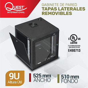Gabinete Rack de Pared Tapas Laterales Removibles de 9U con Puerta en vidrio • Color: Negro 