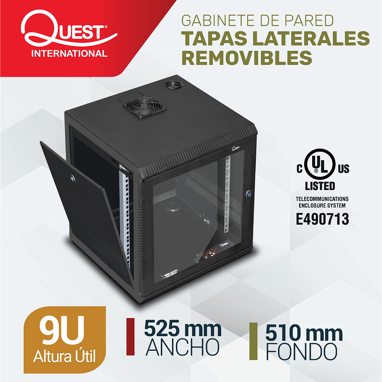 Gabinete Rack de Pared Tapas Laterales Removibles de 9U con Puerta en vidrio • Color: Negro  1