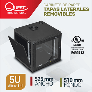 Gabinete Rack de Pared Tapas Laterales Removibles de 5U con Puerta en vidrio • Color: Negro 
