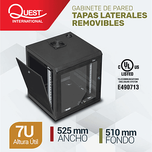 Gabinete Rack de Pared Tapas Laterales Removibles de 7U con Puerta en vidrio • Color: Negro 