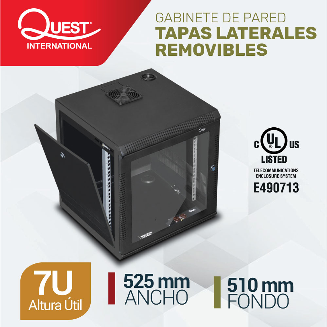 Gabinete Rack de Pared Tapas Laterales Removibles de 7U con Puerta en vidrio • Color: Negro  1