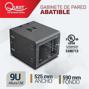 Gabinete Rack de Pared Abatible de 9U con Puerta en vidrio • Color: Negro 