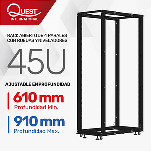 Rack Abierto de 4 Parales con Ruedas y Niveladores 45U Ajustable en Profundidad