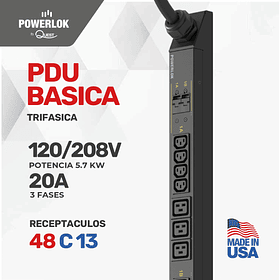 PDU Básica para Rack - 20A 120/ 208 Voltios - 3 FASES (5,7kW) | 48 Salidas C 13 Extensión de 3 metros tipo L6-30P