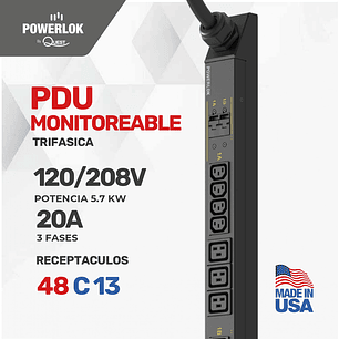 PDU Monitoreable para Rack - 20A 120/ 208 Voltios - 3 FASES (5,7kW) | 48 Salidas C13 Tipo L6-30P 