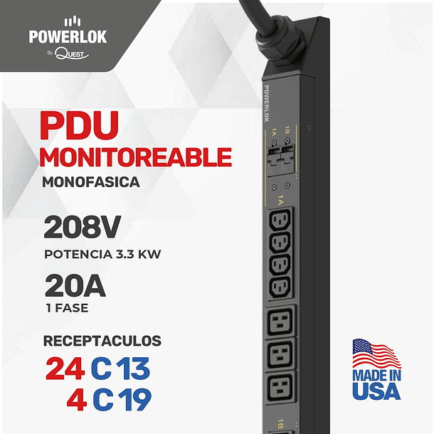 PDU Monitoreable  para Rack - 20A | 208 Voltios - 1 FASES (3,3kW) | 24 Salidas C13 4 Salidas C19 Extensión de 3 metros tipo L6-30P 1