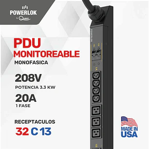 PDU Monitoreable para Rack - 20A | 208 Voltios - 1 FASES (3,3kW) | 32 Salidas C13 Extensión de 3 metros tipo L6-30P