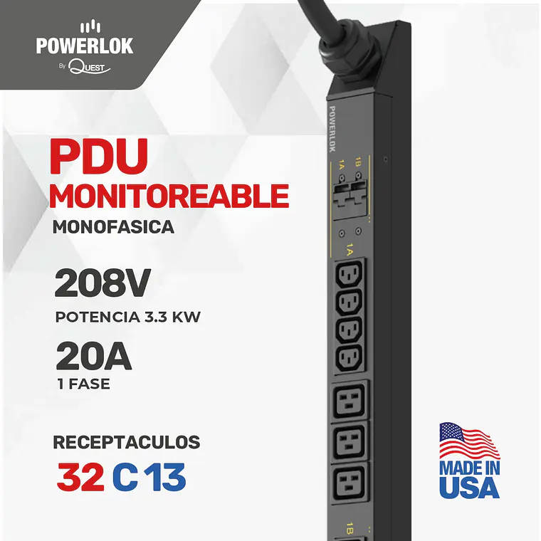 PDU Monitoreable para Rack - 20A | 208 Voltios - 1 FASES (3,3kW) | 32 Salidas C13 Extensión de 3 metros tipo L6-30P 1
