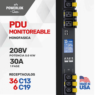 PDU Vertical Monitoreable para Rack - 30A / 208 Voltios - 1 FASE 36 Salidas C13 + 6 Salidas C19 Extensión de 3 metros tipo L6-30P