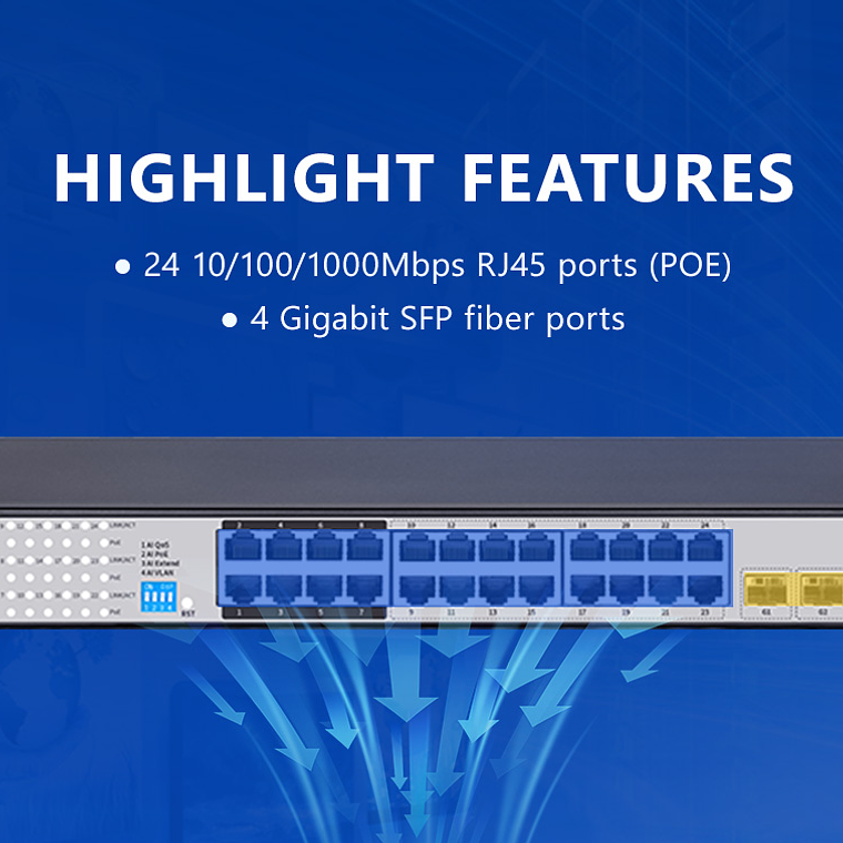 Switch POE de gestión Capa 3 con 24 puertos Gigabit + 4 puertos SFP y Puerto de Consola 5