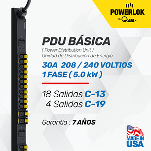 PDU Básica para Rack - 30A / 208 Voltios - 1 FASE 18 Salidas C-13 + 4 Salidas C-19 Extensión de 1.8 metros tipo L6-30P