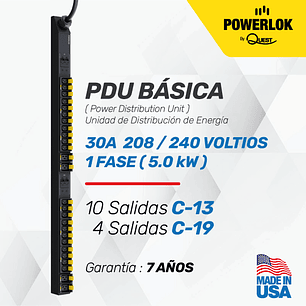 PDU Básica para Rack - 30A / 208 Voltios - 1 FASE 10 Salidas C-13 + 4 Salidas C-19 Extensión de 1.8 metros tipo L6-30P