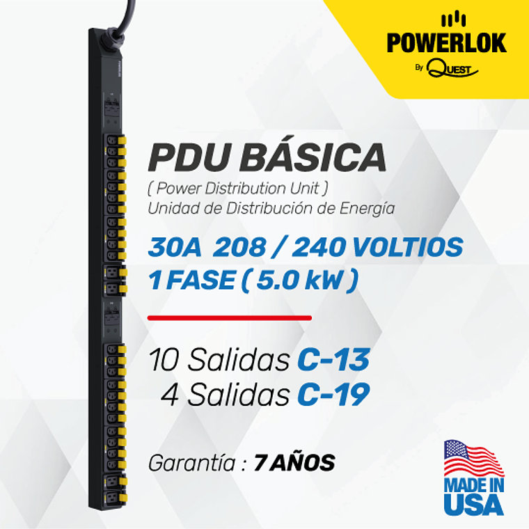 PDU Básica para Rack - 30A / 208 Voltios - 1 FASE 10 Salidas C-13 + 4 Salidas C-19 Extensión de 1.8 metros tipo L6-30P 1