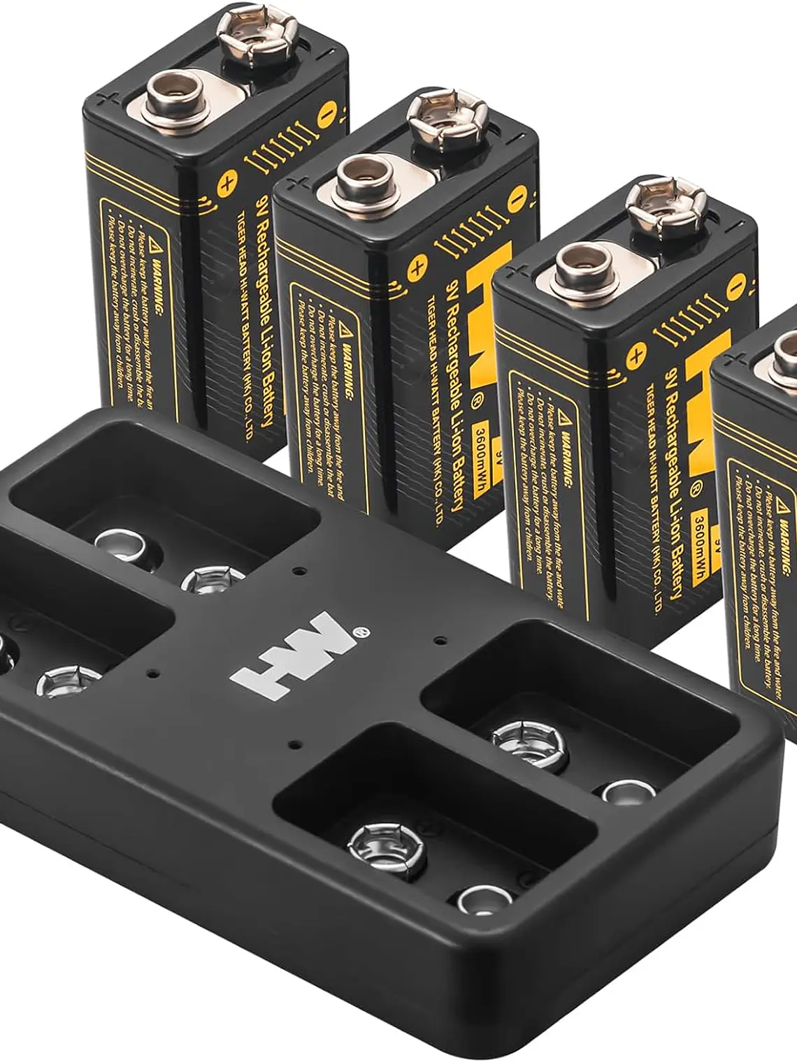 Pack de 4 pilhas recarregáveis 9 V Li-ion 3600 mWh com carregador inteligente de 4 baias 1