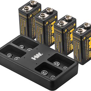 Pack de 4 pilhas recarregáveis 9 V Li-ion 3600 mWh com carregador inteligente de 4 baias