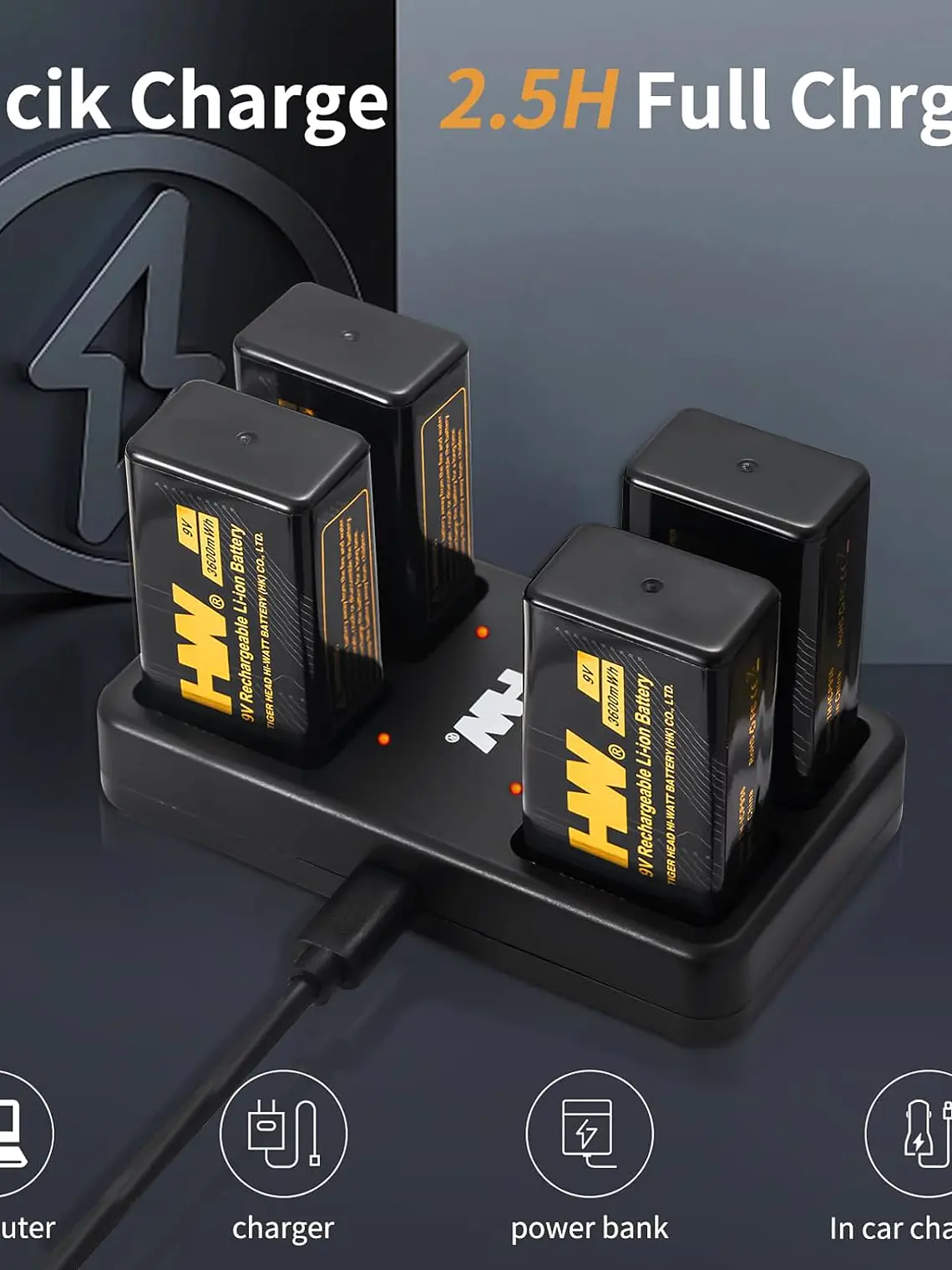 Pack de 4 pilhas recarregáveis 9 V Li-ion 3600 mWh com carregador inteligente de 4 baias 2