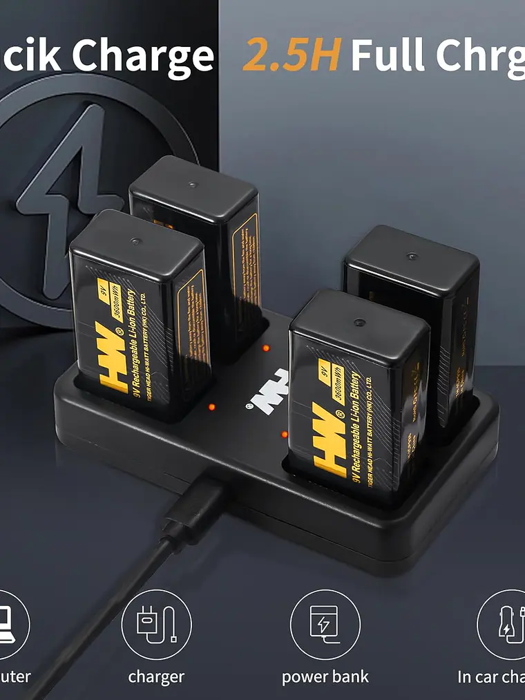 Pack de 4 pilhas recarregáveis 9 V Li-ion 3600 mWh com carregador inteligente de 4 baias 2