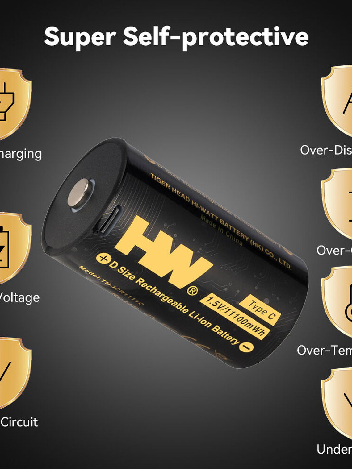 Pilhas de íon de lítio de alta capacidade tamanho D 1,5 V com carregamento direto USB-C 2