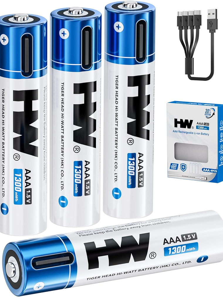 Pilhas AAA Recarregáveis de Iões de Lítio 1,5 V 1300 mWh com Carregamento USB-C (Pack de 4) 1