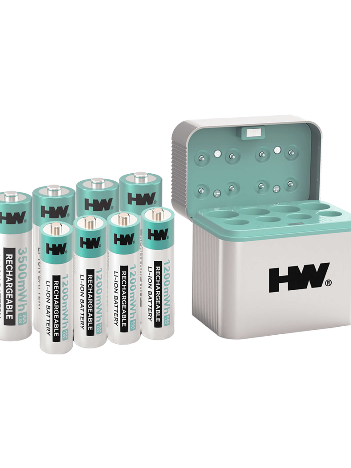 4 Pilhas AA+4 Pillhas AAA + Carregador Inteligente 8-em-1 para Pilhas AA/AAA com Indicadores LED 1