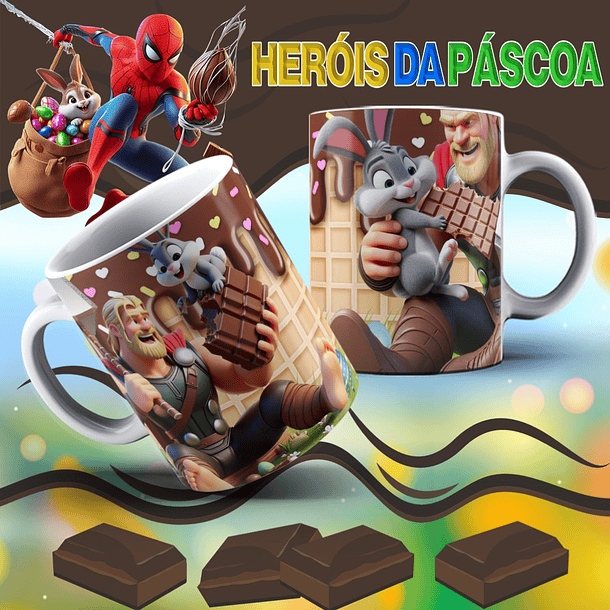 12 Arte para Caneca Páscoa Super Heróis Arquivo Editável 2