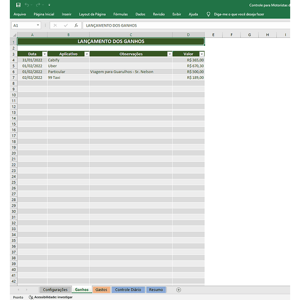 Planilha Para Motoristas De Aplicativo - Ganhos E Gastos 4