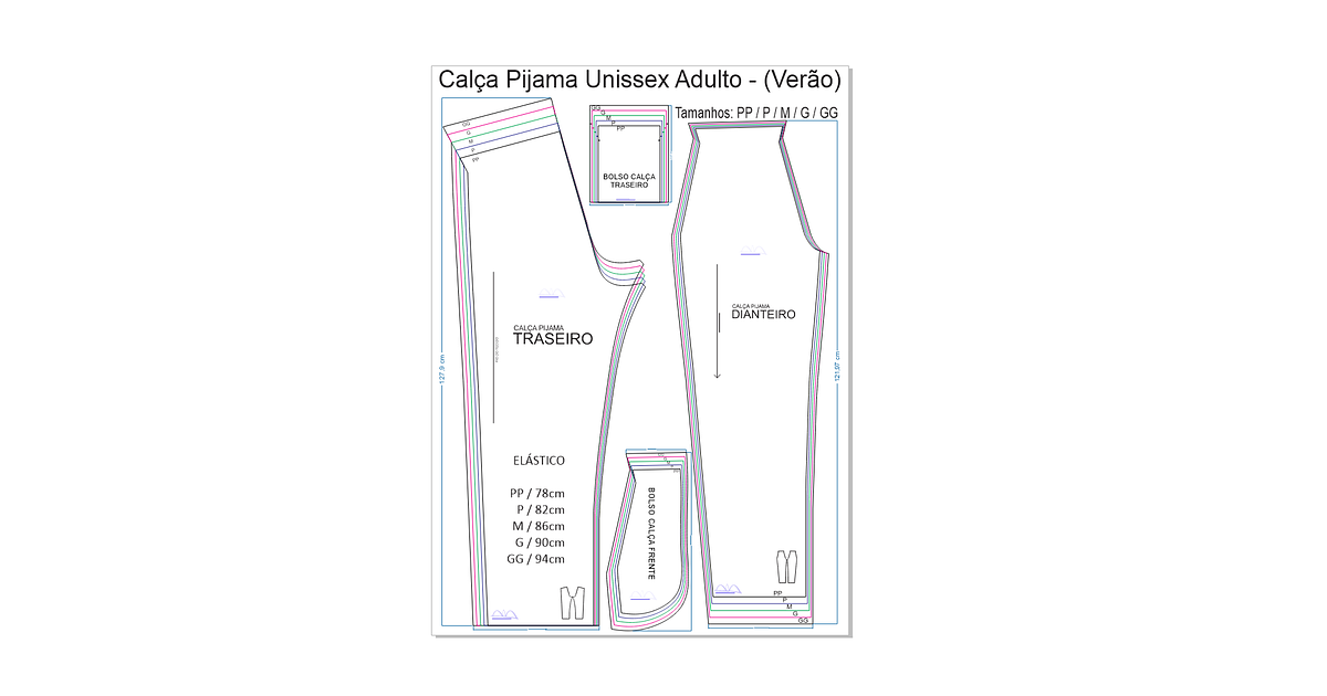Molde Calça de Pijama Unissex Verão (PP ao GG) Arquivo PDF