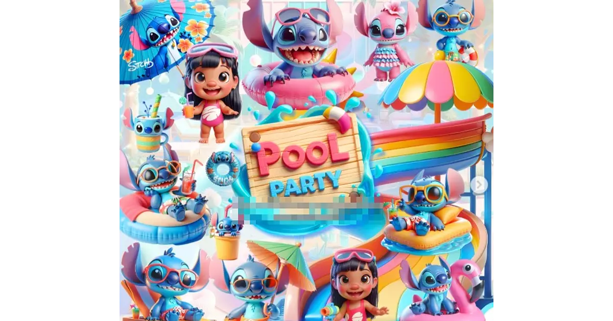 Kit Digital Pool Party Lilo e Stitch 3d em Png