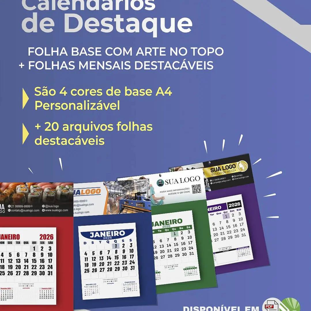 Calendário 2026 Arquivos Editáveis Diversos Modelos PDF e Corel Draw 3