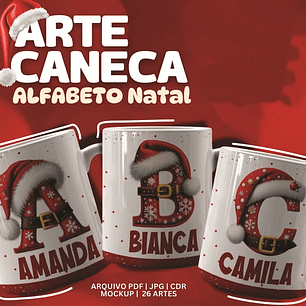 26 Artes para Caneca Alfabeto Natalino Arquivo Editável 