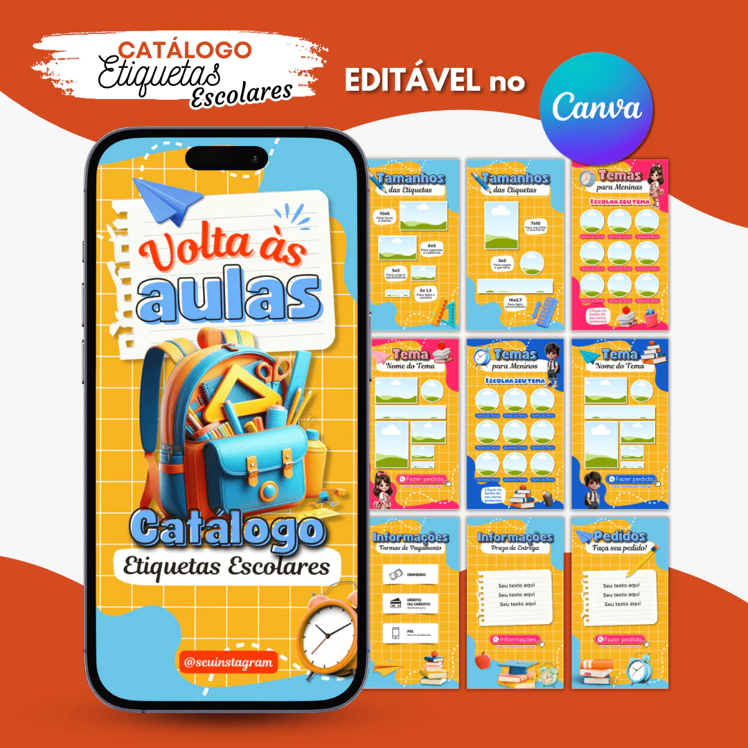 Arquivo de Divulgação Cátalogo Etiquetas Escolares Editável em Canva 1