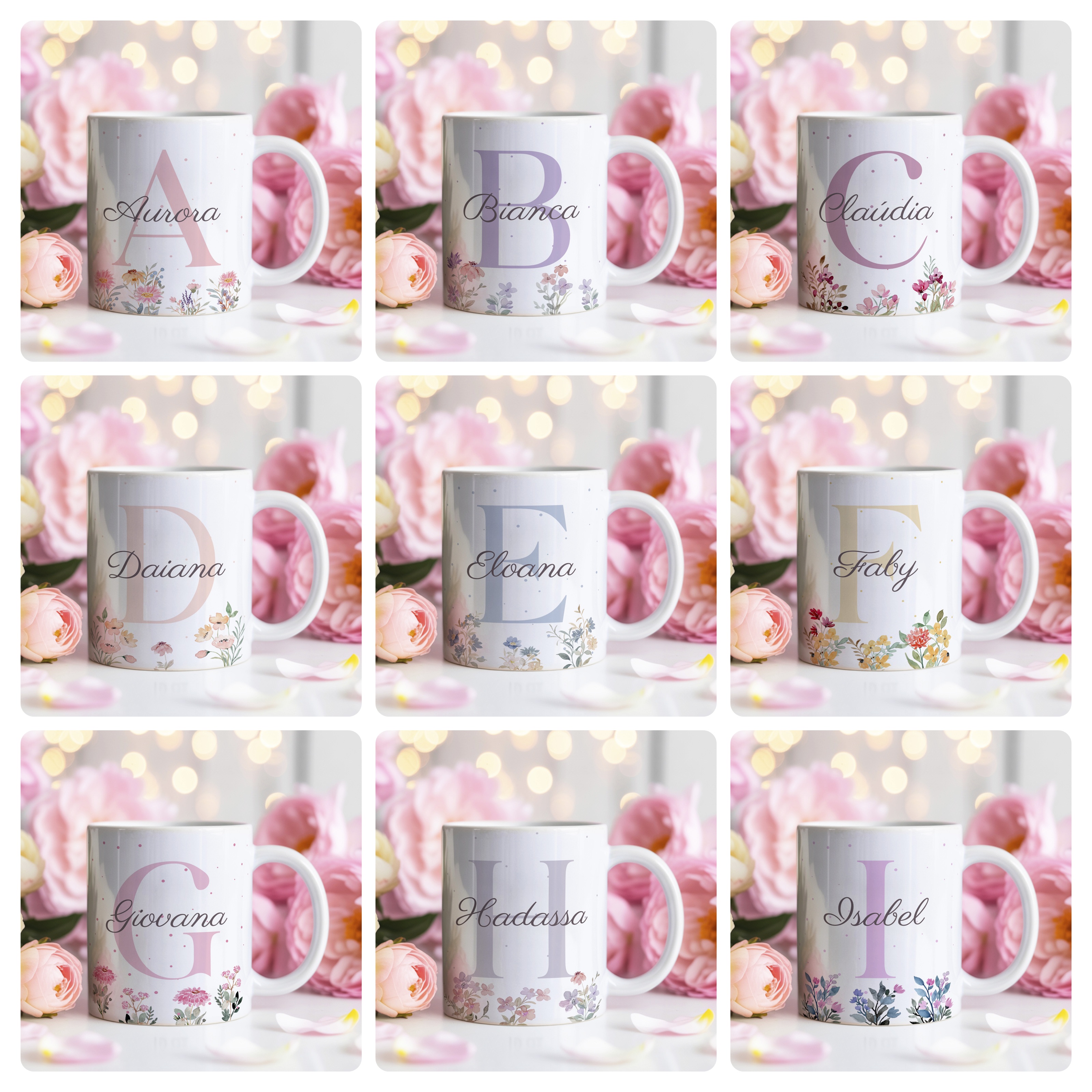 26 Artes para Caneca Alfabeto Feminino Flores Arquivo Editável  1