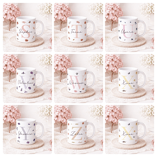 26 Artes para Canecas Alfabeto Flores Feminino Arquivo Editável 