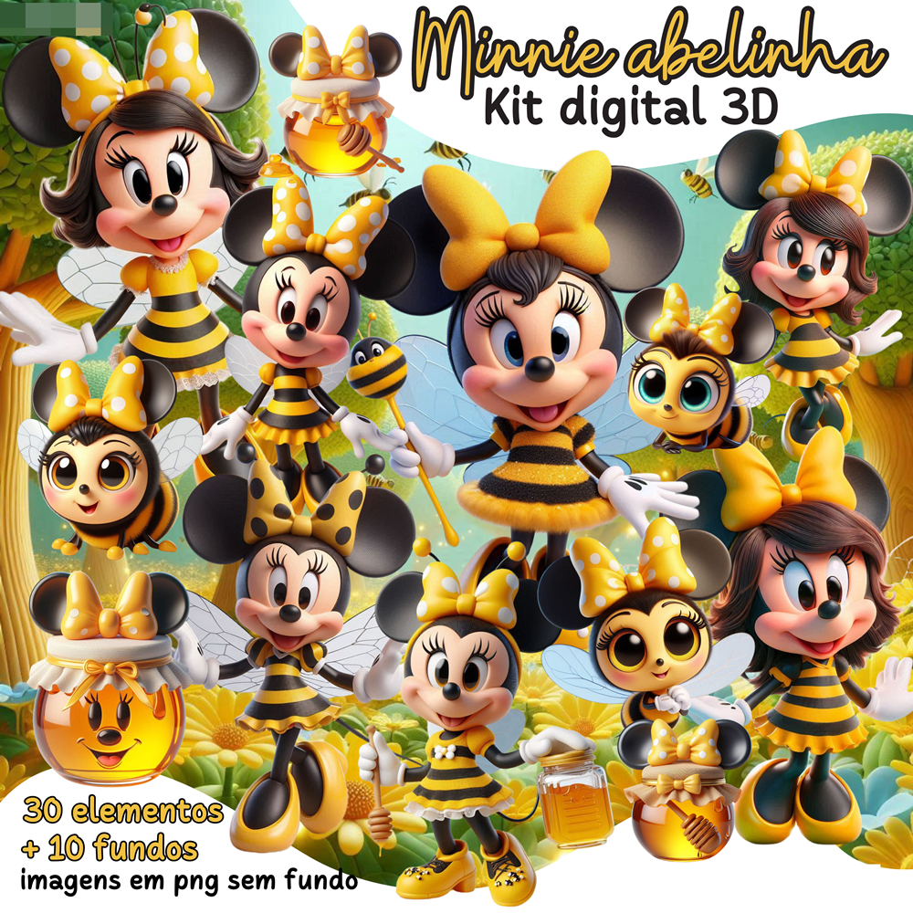 Kit Digital Minnie Abelinha 3D Arquivos em Png 1