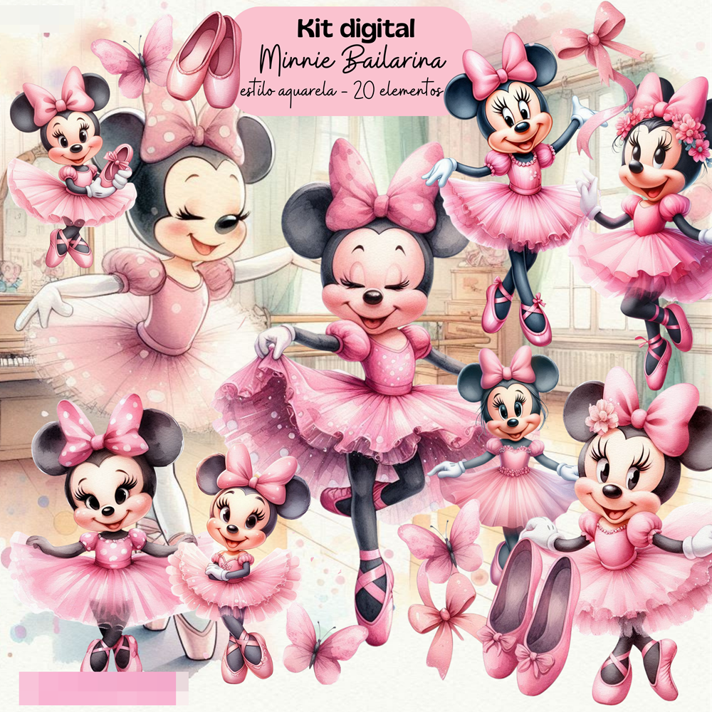 Kit Digital Minnie Bailarina Rosa Aquarela Arquivos em Png 1
